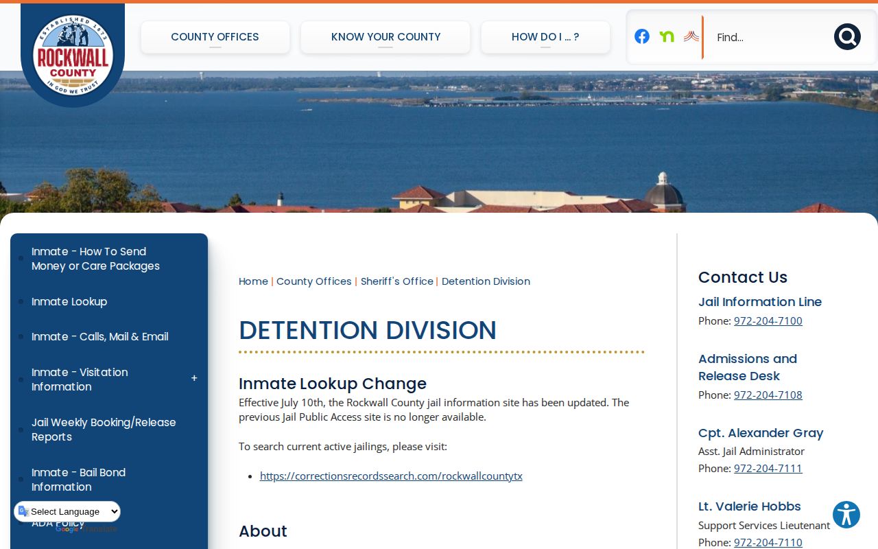 Rockwall County Detention Division page showing facility and current custody information
