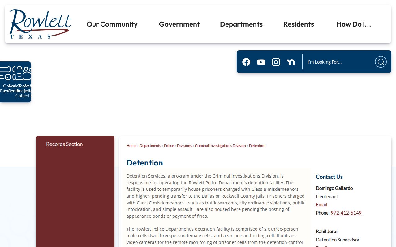 City of Rowlett detention page explaining temporary custody and county jail transfers