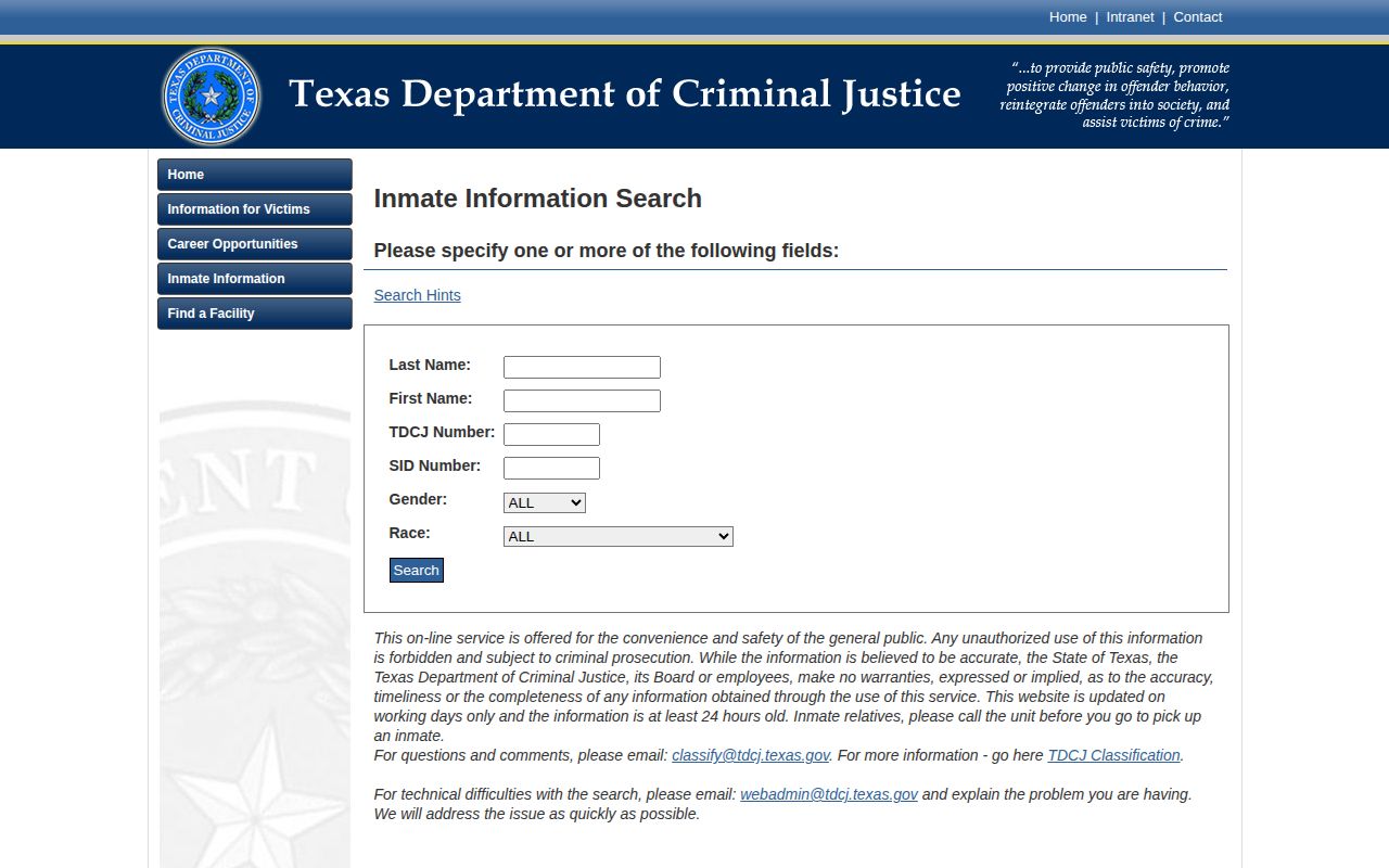 TDCJ offender search fields for Rockwall County released inmate records