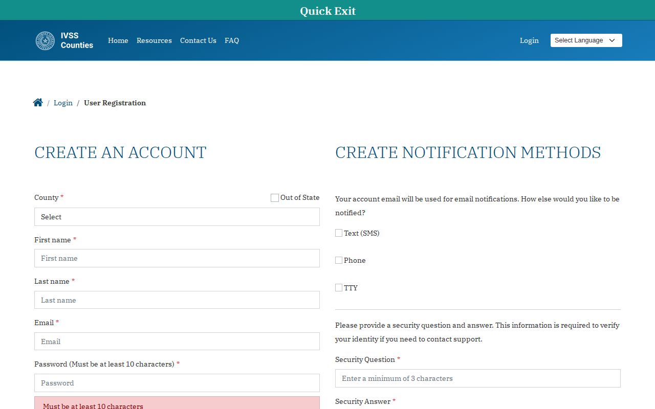 Rockwall County VINELink release notification registration screen